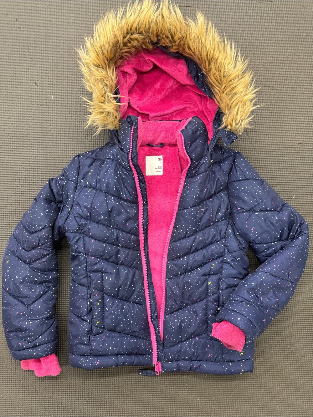 SO Navy Puffer Jacket with Faux-Fur Hood